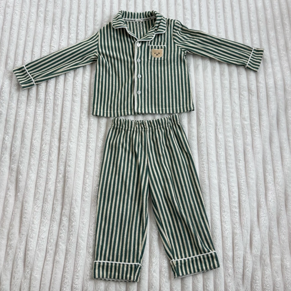 BearPaw Kids Pajama Set in Green and White Stripes